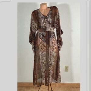 NWT ANGVNS Sz M Long Bell Sleeve Animal Cheetah Print Maxi Sheer Statement Dress